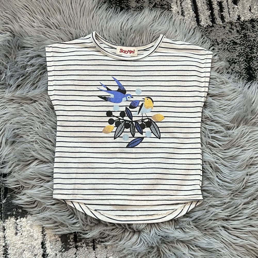 Siaomimi Girls Navy Striped Blue & Yellow Colored Bird Graphic Tee Size 5Y ($59)